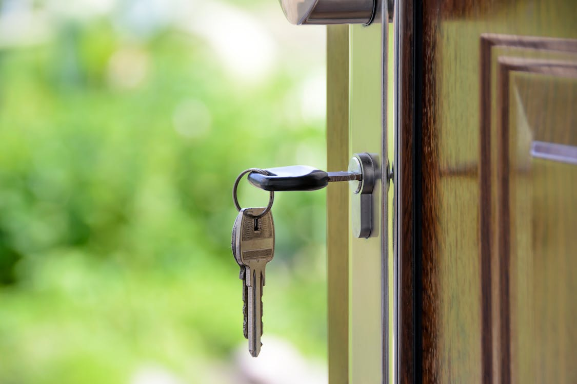 A bunch of keys are hanging on the door handle.