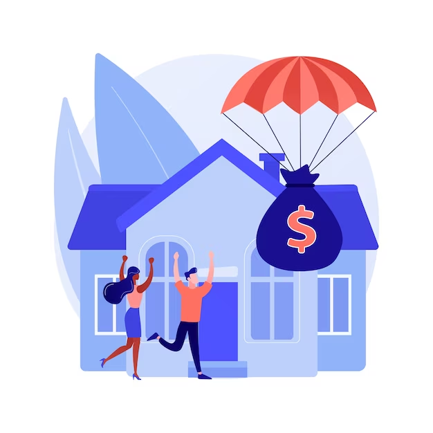 Illustration showing a money bag flying away with a house in the background, symbolizing foreclosure.