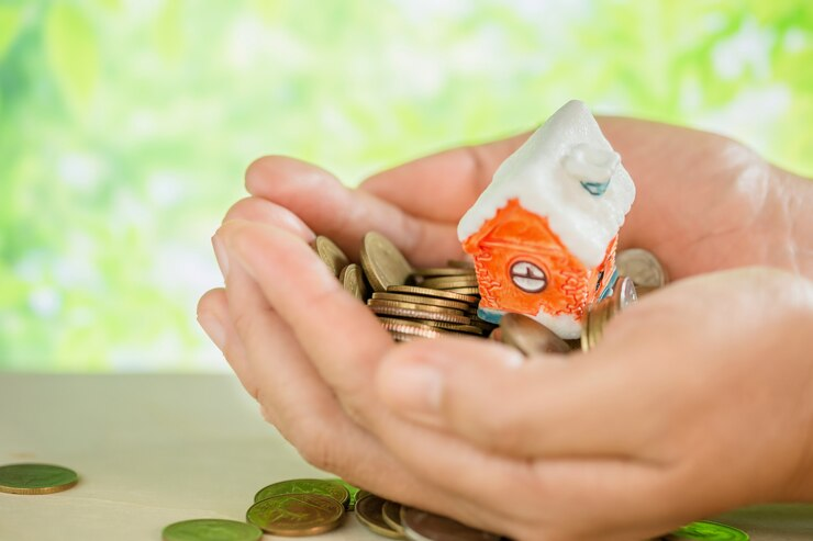 Illustration of a house model in a hand surrounded by coins, symbolizing the financial impact of foreclosure.