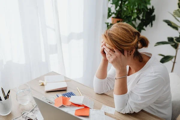 Woman looking stressed due to the threat of vehicle repossession.