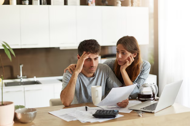 A stressed couple reviews bills while considering their debt relief options.