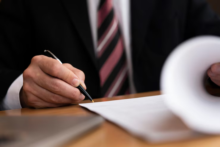 A person holding a pen is reviewing a document