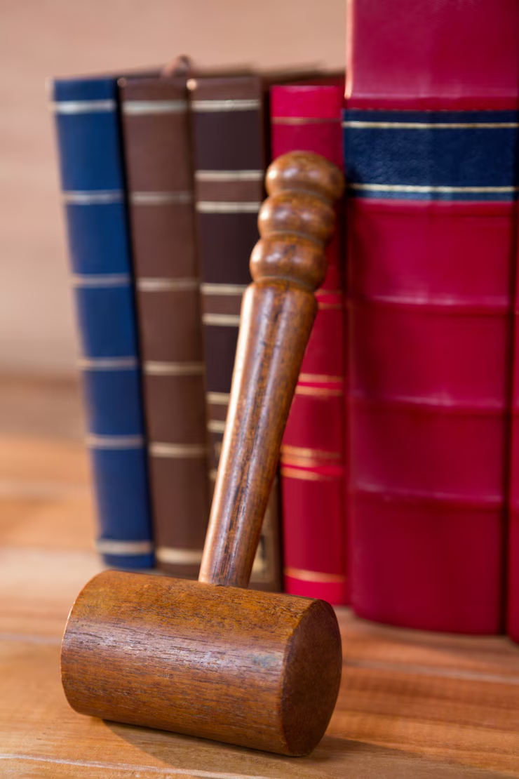 A wooden gavel and books