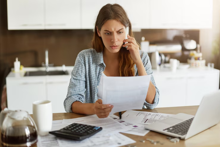 A stressed woman reviewing IRS tax levy documents while on the phone
