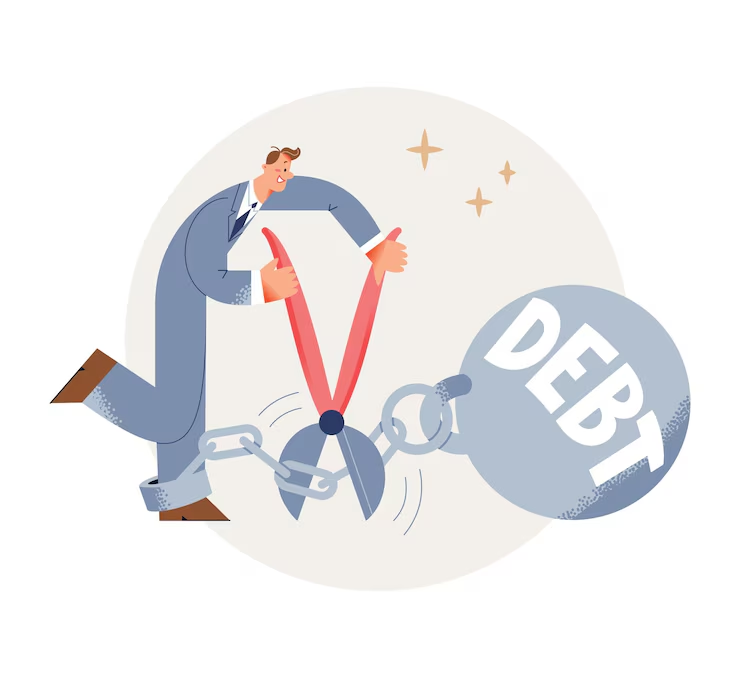 Illustration of a man breaking free from debt shackles, symbolizing the need for a debt relief law firm