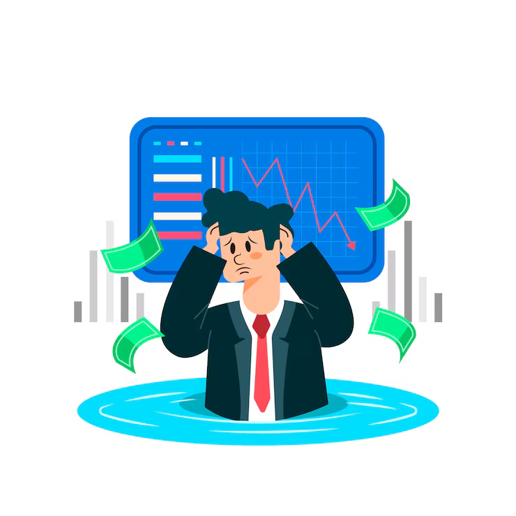 Illustration of a man overwhelmed and drowning in debt, representing financial stress before bankruptcy