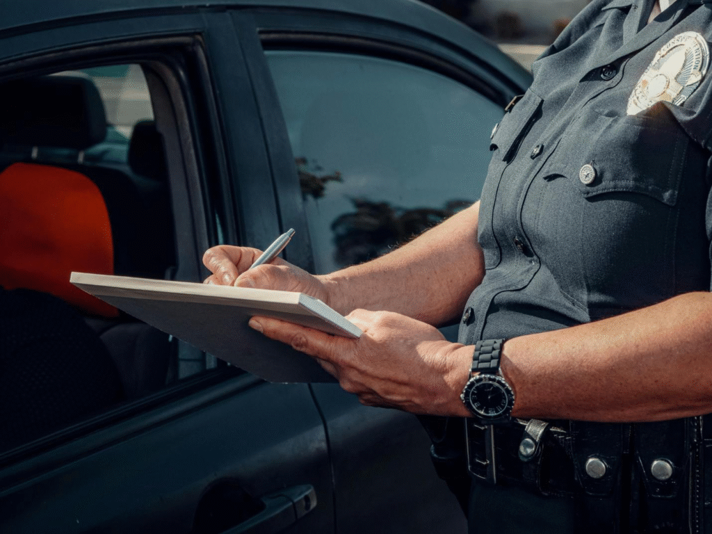 close-up of a notepad in a police officer's hands
