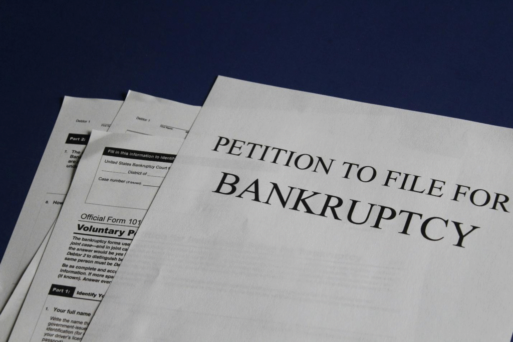 close-up of documents with bold heading stating “petition to file for bankruptcy