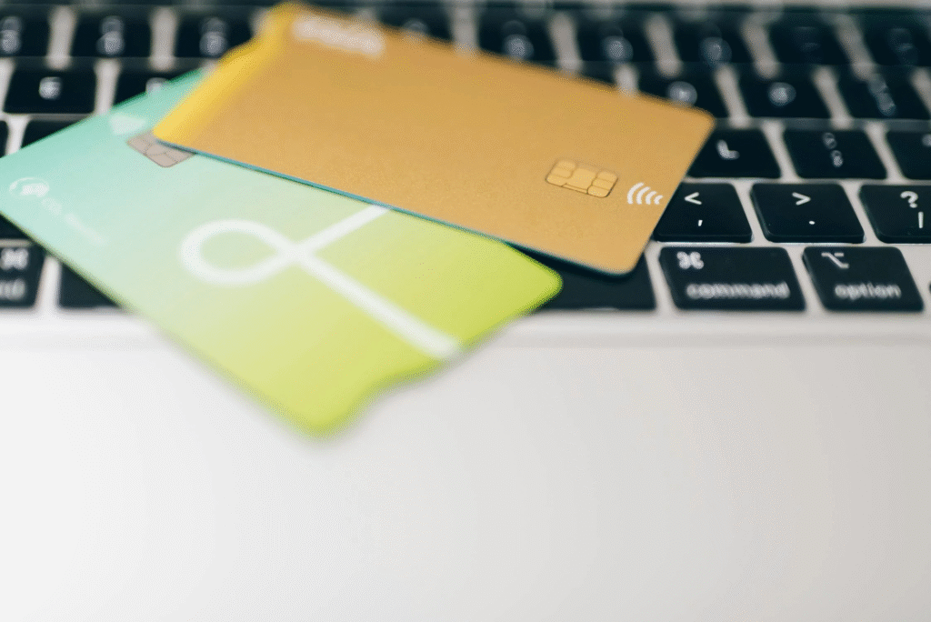 Credit cards on a laptop