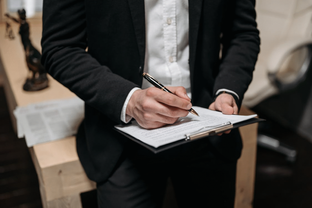 close-up of a lawyer sitting on a desk in their office holding a pen and a clipboard
