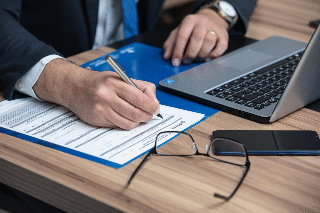 close-up of a lawyer working on a table with a laptop