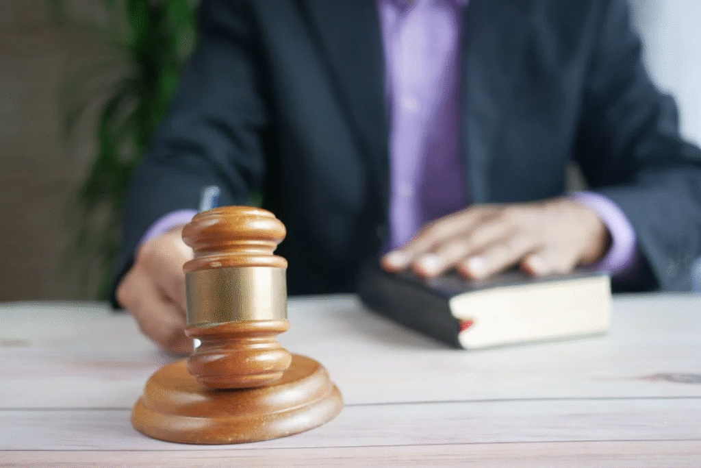 close-up of a person using a wooden gavel