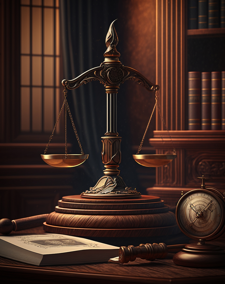 A wooden scale of justice placed on a table.